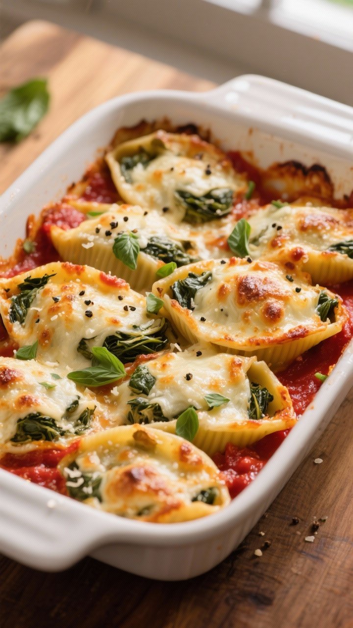 Tasty top view: Overhead shot of the baked spinach and artichoke stuffed shells just out of the oven