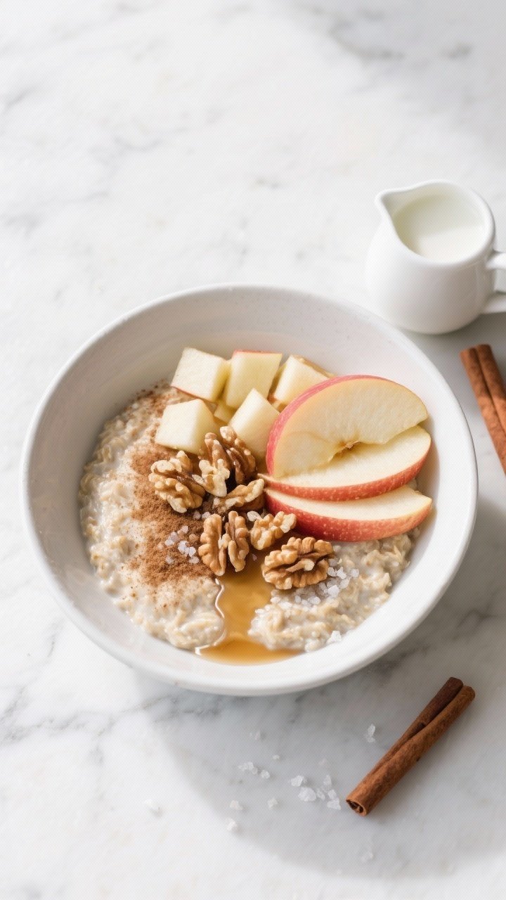Tasty top view: Overhead shot of the final plated Apple Cinnamon Overnight Oats in a wide, matte whi
