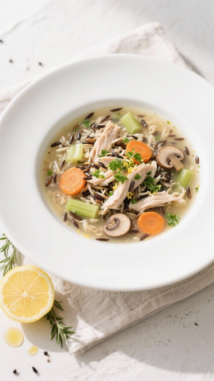 Tasty top view: Overhead shot of the final plated Light Chicken and Wild Rice Soup in a wide white b