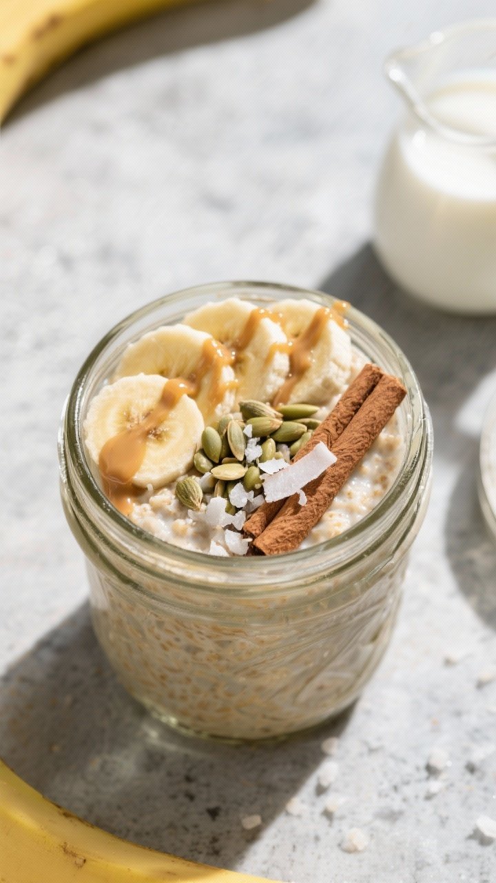 Tasty top view: Overhead shot of the finished Banana Almond Butter Overnight Oats in a 12–16 oz ma