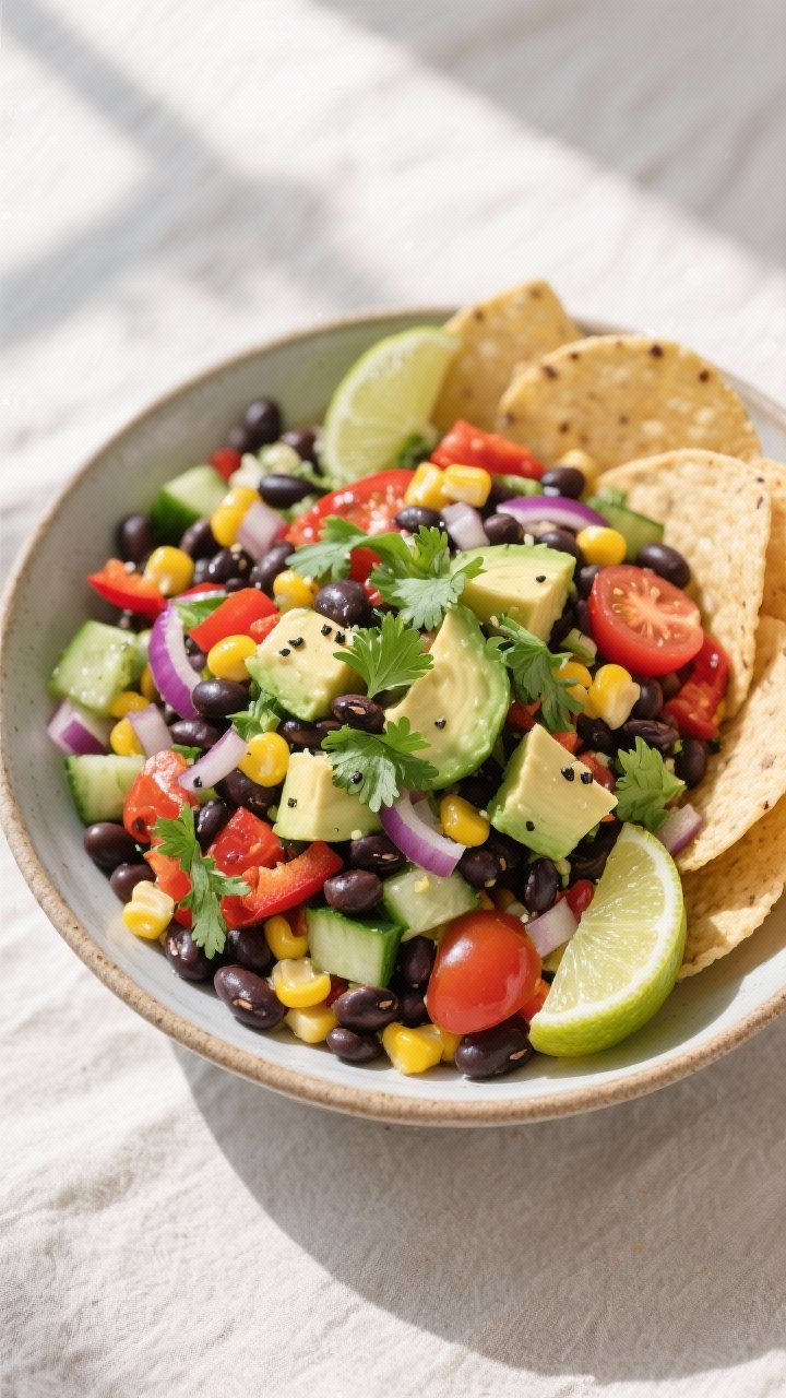 Tasty top view: Overhead shot of the finished High-Fiber Black Bean and Sweet Corn Salad, avocado ad