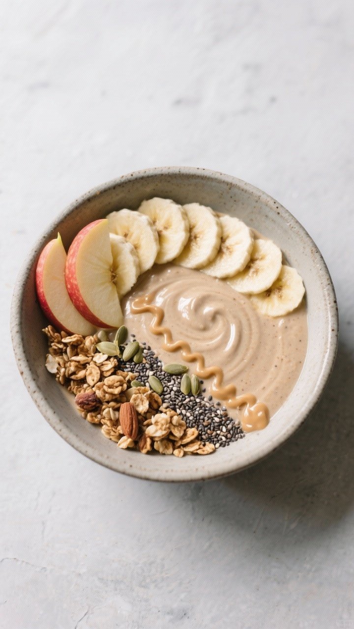 Tasty top view: Overhead shot of the finished High Fiber Banana Apple Smoothie Bowl styled with prec
