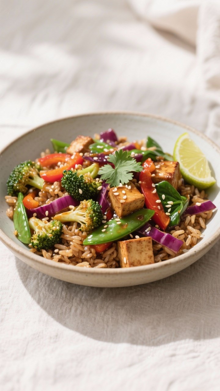 Tasty top view: Overhead shot of the finished High-Fiber Veggie Stir-Fry with Brown Rice in a wide,
