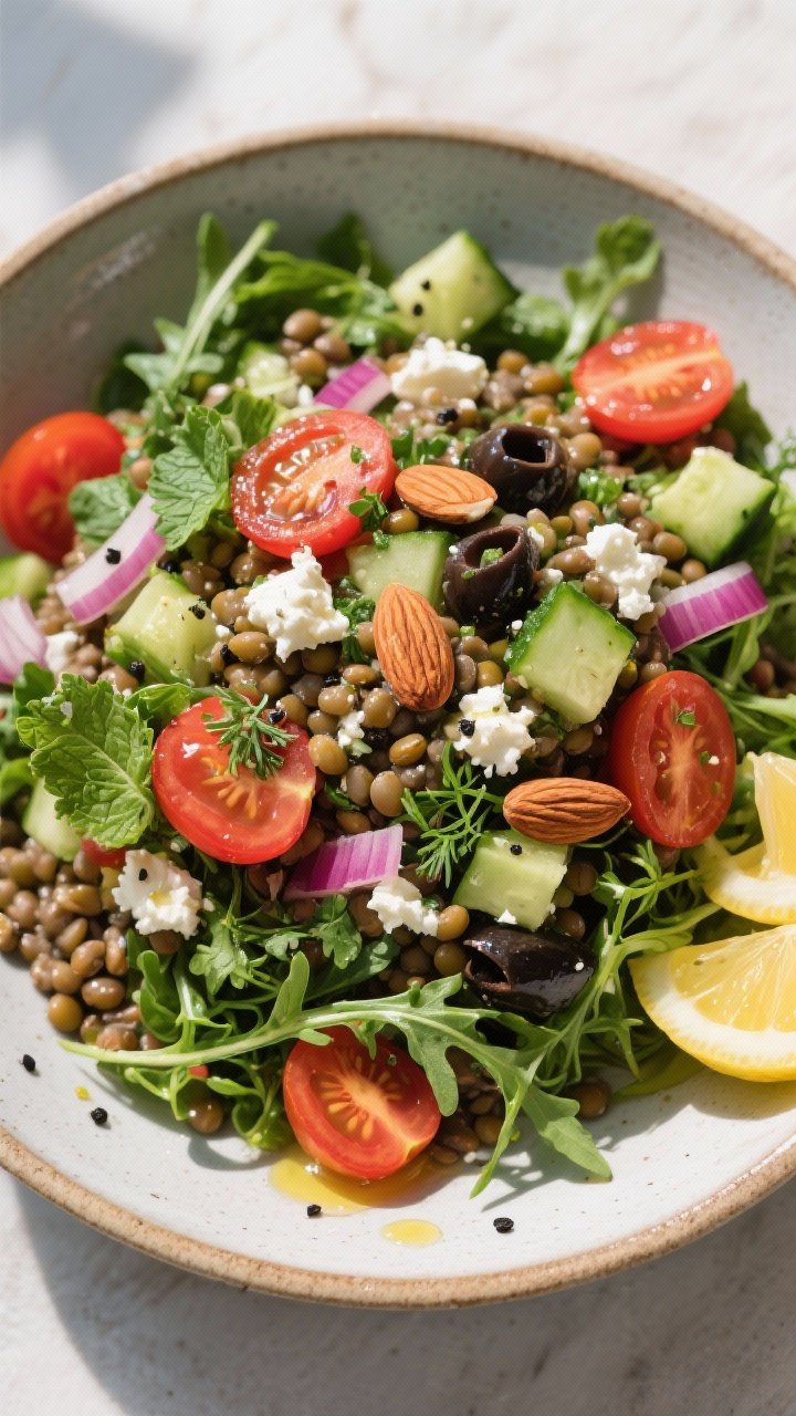 Tasty top view: Overhead shot of the finished Mediterranean Lentil Salad piled over a bed of peppery