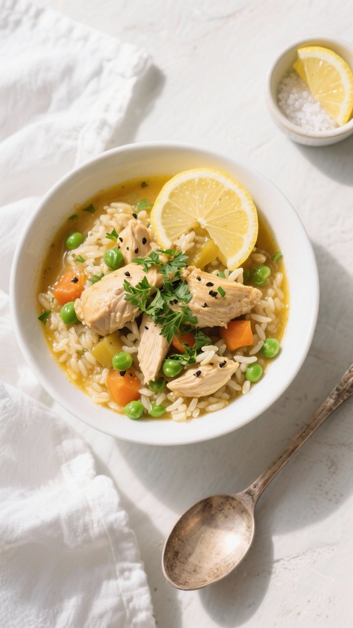 Tasty top view: Overhead shot of the finished slow cooker chicken and rice stew ladled into a wide,