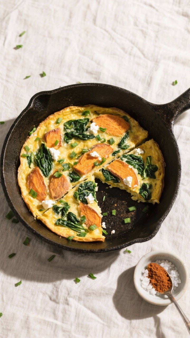 Tasty top view: Overhead shot of the finished Spinach & Sweet Potato Frittata fresh from the broiler