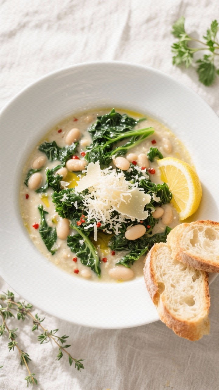 Tasty top view: Overhead shot of the finished White Bean and Kale Soup in a wide white bowl, showcas
