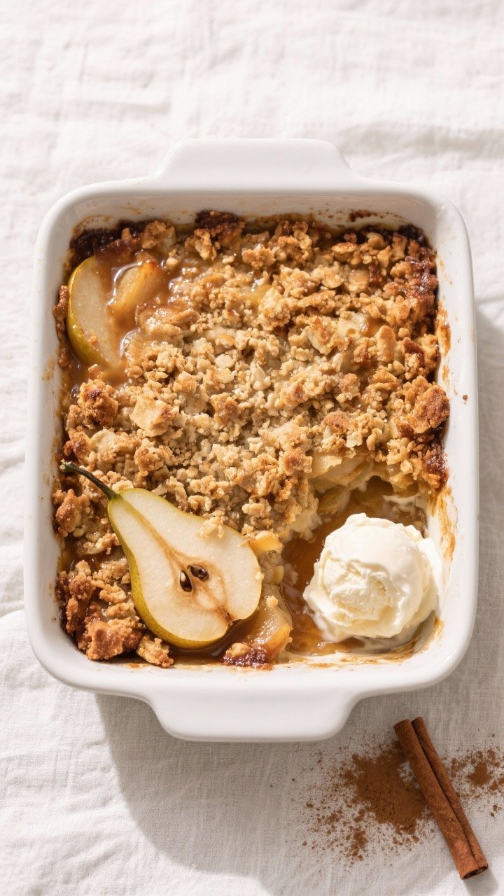 Tasty top view: Overhead shot of the pear crisp in a 9x9 baking dish right out of the oven, topping
