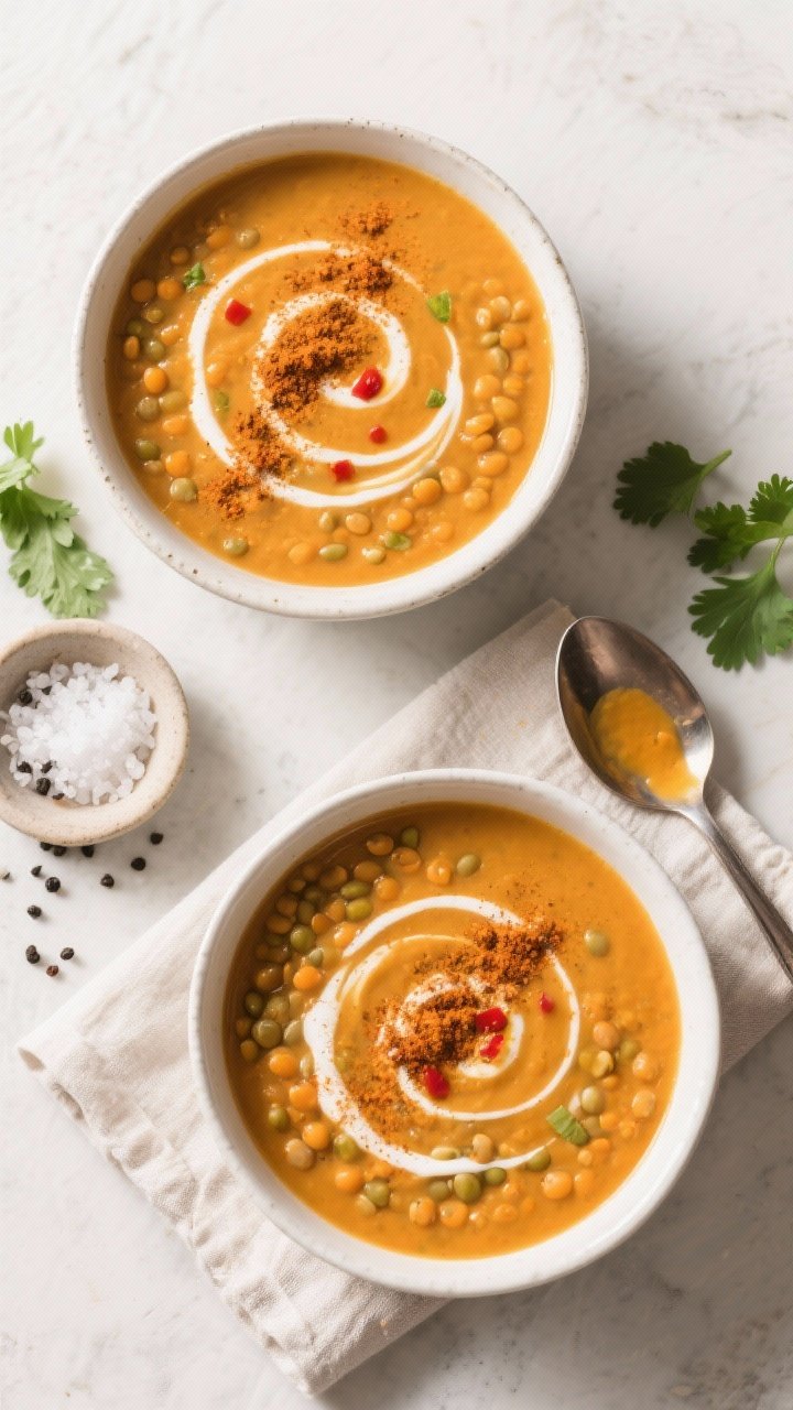 Tasty top view: Overhead shot of two bowls of Curried Pumpkin Lentil Soup showing the creamy, pumpki