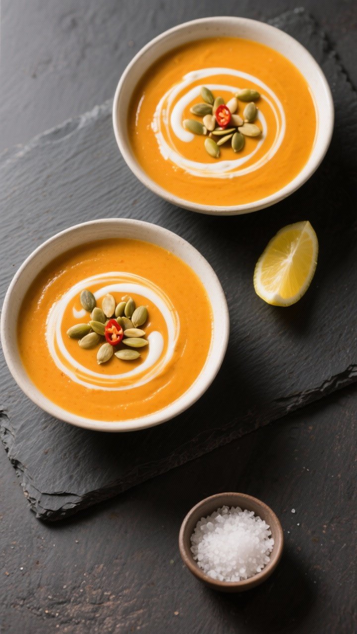 Tasty top view: Overhead shot of two bowls of the finished soup on a dark slate surface, showing ult