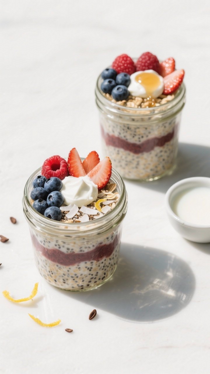 Tasty top view: Overhead shot of two mason jars filled with Berry Chia Overnight Oats with Oat Milk,