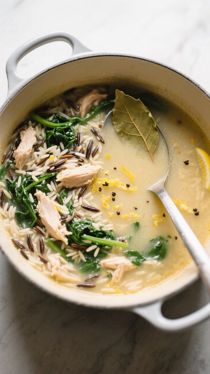 Tasty top view, overhead shot: One-Pot Chicken & Wild Rice Soup at a gentle simmer after rice has so