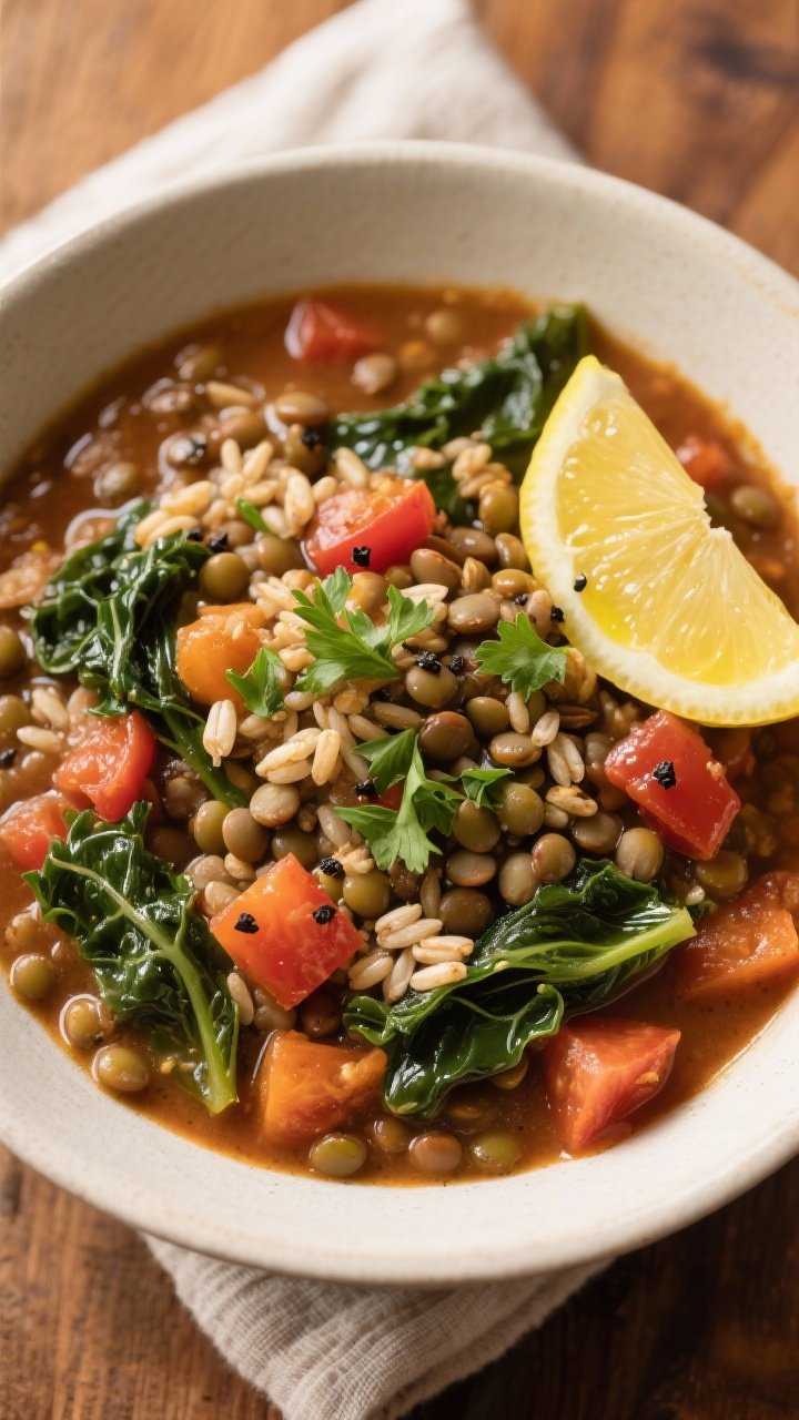 Tasty top view, overhead shot: Overhead of a generous bowl of Vegetable Lentil Stew With Barley, thi