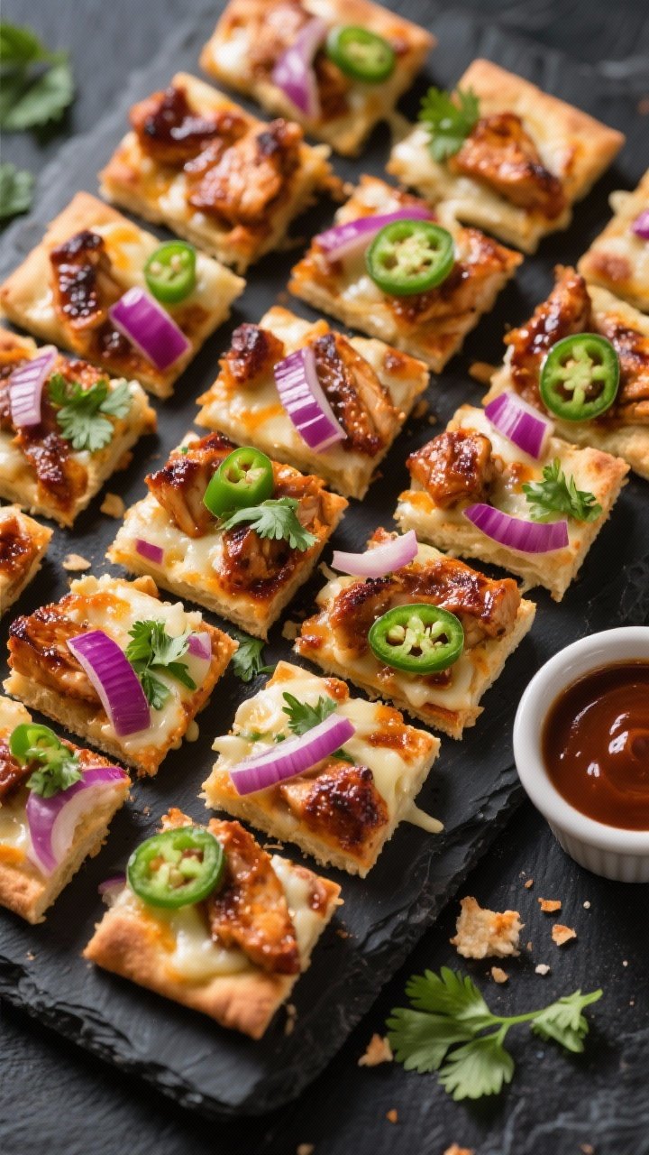 Tasty top view, party-ready presentation: Overhead shot of BBQ Chicken Flatbread Bites sliced into n