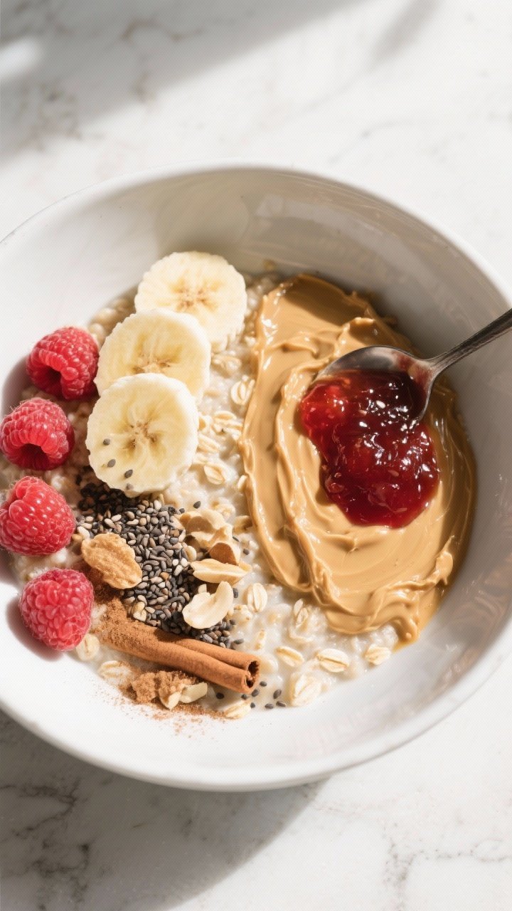 Tasty top view — PB&J Oatmeal Power Bowl overhead: Overhead shot of a wide, white ceramic bowl fil