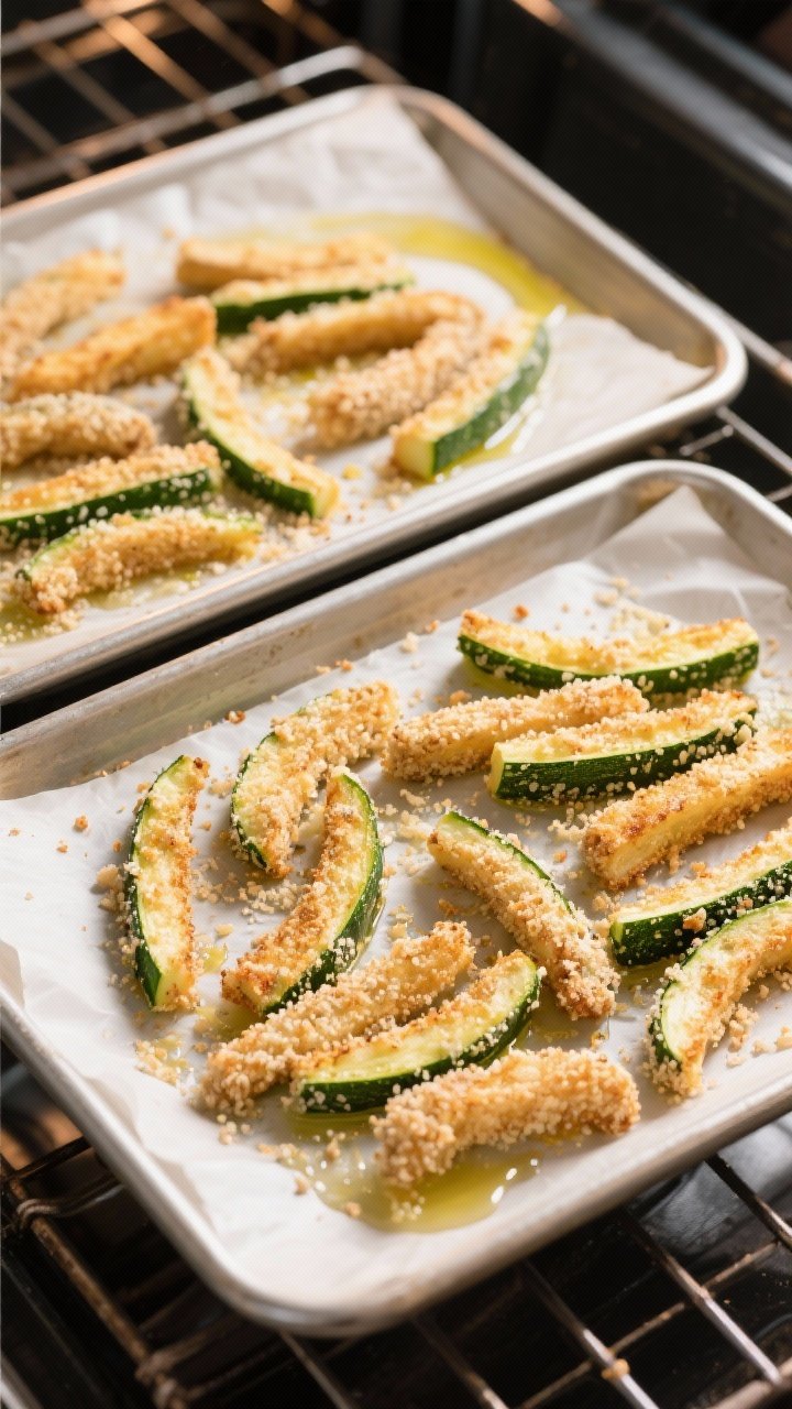 Tasty top-view process shot: Overhead shot of two parchment-lined sheet pans spaced apart in a hot o