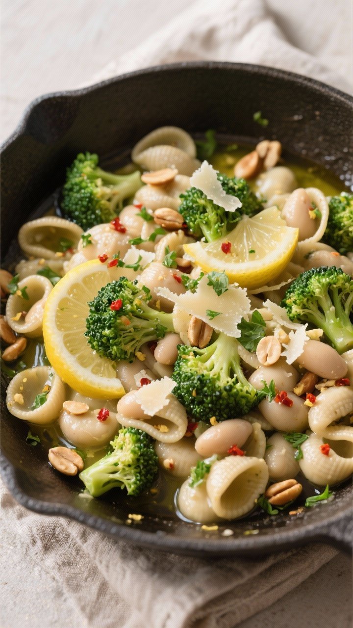 Tasty top view — skillet toss: Overhead shot of whole wheat orecchiette tossed with tender-crisp b