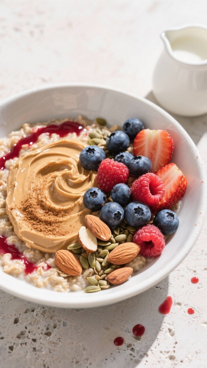 Tasty top view, vibrant colors: Overhead shot of an oatmeal power bowl topped with a dramatic almond
