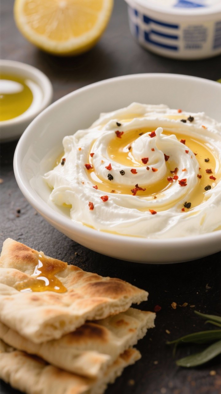 45-degree angle close-up of whipped feta in a shallow white bowl, silky and swirled, topped with a glossy honey drizzle and a sparkle of red pepper flakes and cracked black pepper; warm pita wedges stacked nearby, a drizzle of olive oil catching light, lemon half and Greek yogurt tub in the background to suggest ingredients.