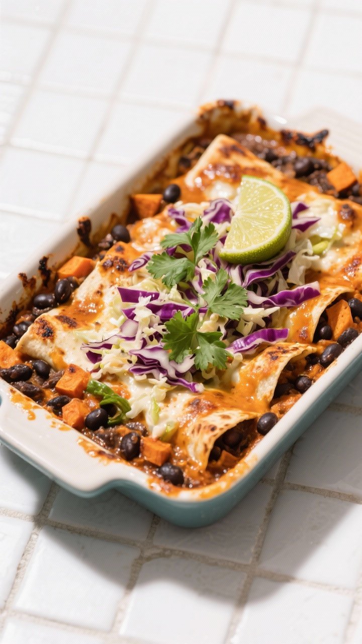 45-degree angle of a bubbling black bean and roasted sweet potato enchilada bake in a rectangular baking dish, topped with a crunchy cabbage slaw, cilantro, and a lime wedge; charred tortilla edges visible, creamy enchilada sauce pooling at corners, vibrant orange and purple hues popping against a white tile background.
