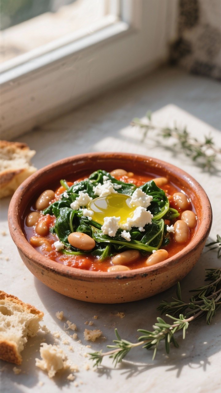 45-degree angle of Mediterranean gigantes beans simmered in a garlicky tomato sauce with wilted spinach, finished with crumbled feta and a drizzle of 2 tablespoons extra-virgin olive oil; rustic earthenware dish, oregano sprigs, torn bread crumbs around, sunlit window vibe for a taverna feel.