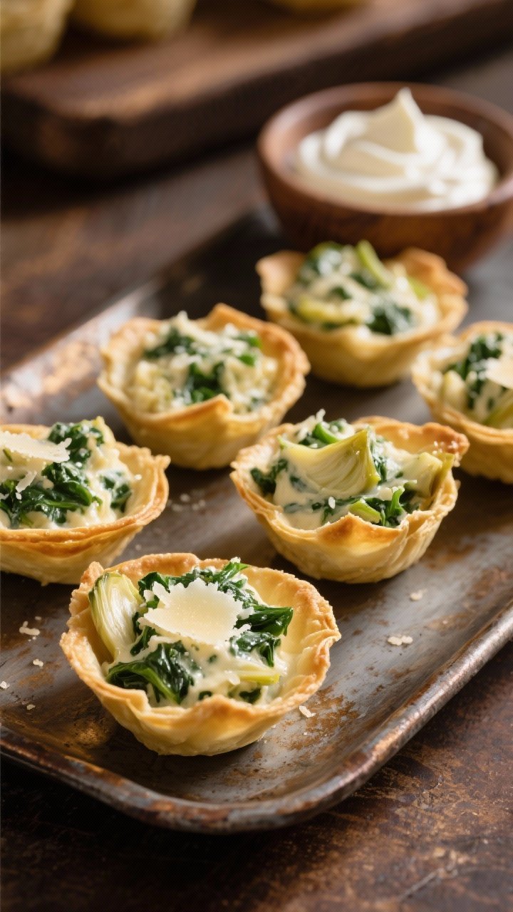 45-degree plated presentation of mini creamy spinach-artichoke cups in golden phyllo shells: visibly creamy filling of chopped spinach and artichoke with melted Parmesan and creamy tang; arranged on a rustic tray with a small bowl of sour cream and cream cheese block in background, warm, restaurant-level vibe.