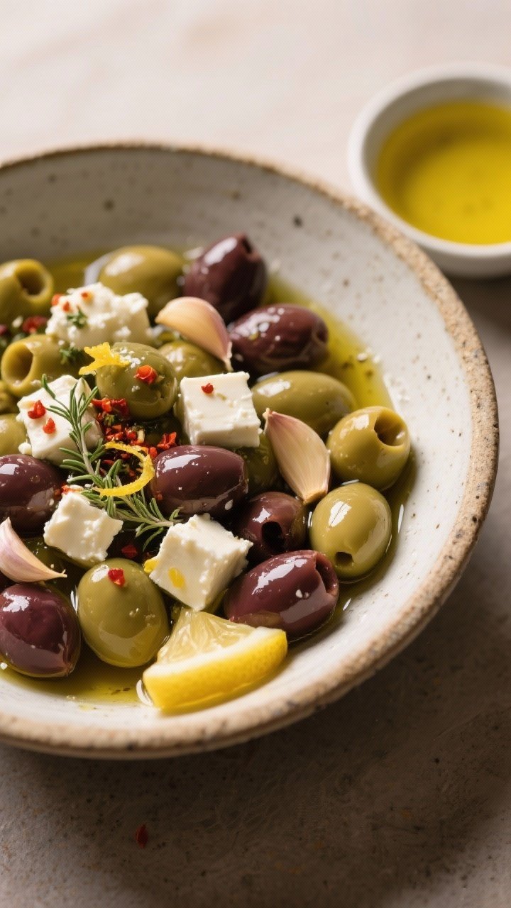 45-degree rustic bowl of quick marinated olives and feta: mixed olives glistening in olive oil with cubed feta nestled throughout, garlic cloves, a strip of lemon zest, dried oregano and red pepper flakes visible; warm citrus mood with a small dish of warmed oil on the side.