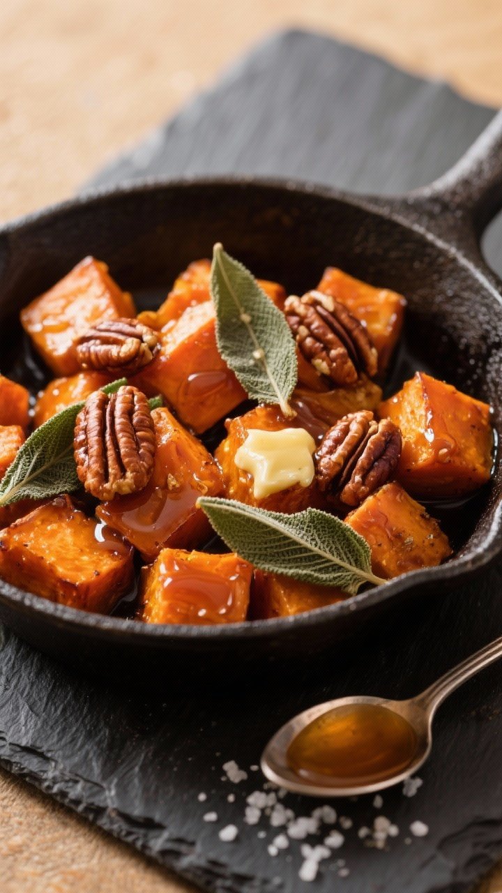 A 45-degree angle close-up of brown butter sage–glazed sweet potato cubes in a cast-iron skillet, glossy from maple syrup, garnished with crispy toasted pecans and whole fried sage leaves; visible browned milk solids from the butter, a drizzle of maple on a spoon, and a pinch of kosher salt on a slate board; autumnal mood with rich amber highlights.