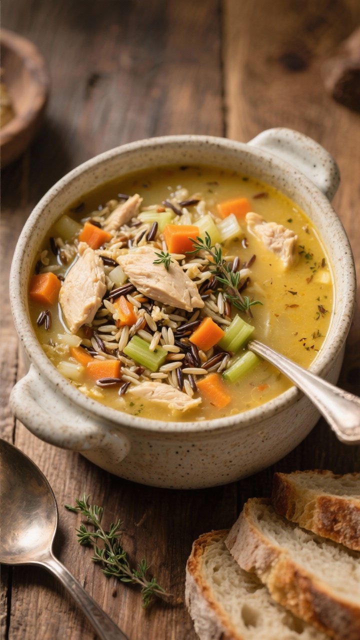 A 45-degree angle photograph of hearty chicken and wild rice soup served in a stoneware tureen: chunks of chicken, a wild rice blend, diced carrots, celery, and onion in a golden chicken broth, flecks of dried thyme throughout; buttery sheen, hearty and casserole-like thickness; set on a wooden table with a ladle and slices of crusty bread nearby.