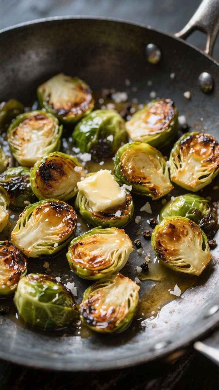 A 45-degree pan shot of maple-Dijon Brussels sprouts: halved sprouts with crisp, caramelized edges glistening in a light glaze of maple syrup and Dijon, tossed with butter and olive oil; flakes of kosher salt and black pepper visible; charred bits emphasized, set on a dark metal sheet for contrast.