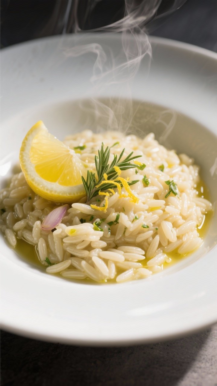 A 45-degree plated shot of lemon herb orzo “risotto”: tender orzo cooked in warm broth with olive oil, butter, minced shallot, and garlic, finished silky with lemon zest and fresh herbs; creamy yet loose texture, steam rising; served in a shallow white bowl with a lemon wedge and a drizzle of olive oil.