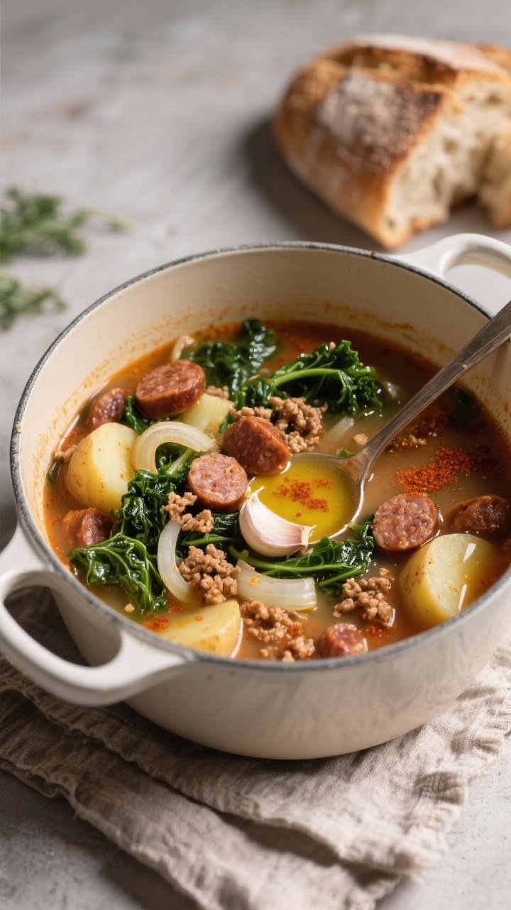 A 45-degree rustic scene of smoky sausage, potato, and kale soup (zuppa style) in an enamel pot: browned Italian sausage crumbles, Yukon gold potato chunks, curly kale ribbons, and translucent onions in a smoked paprika–tinted chicken broth; garlic slices visible; served with ladle marks and a drizzle of olive oil; crusty bread in the background.