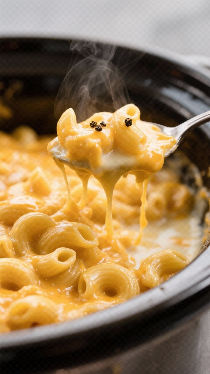 A 45-degree, tight close-up of slow cooker mac ’n’ cheese: elbows coated in a glossy, velvety sauce made with whole milk, evaporated milk, melted butter, and a blend of sharp cheddar and Gruyère/Monterey Jack; cheese pull on a spoon, faint steam, and a sprinkle of fresh pepper; creamy golden hues dominate.