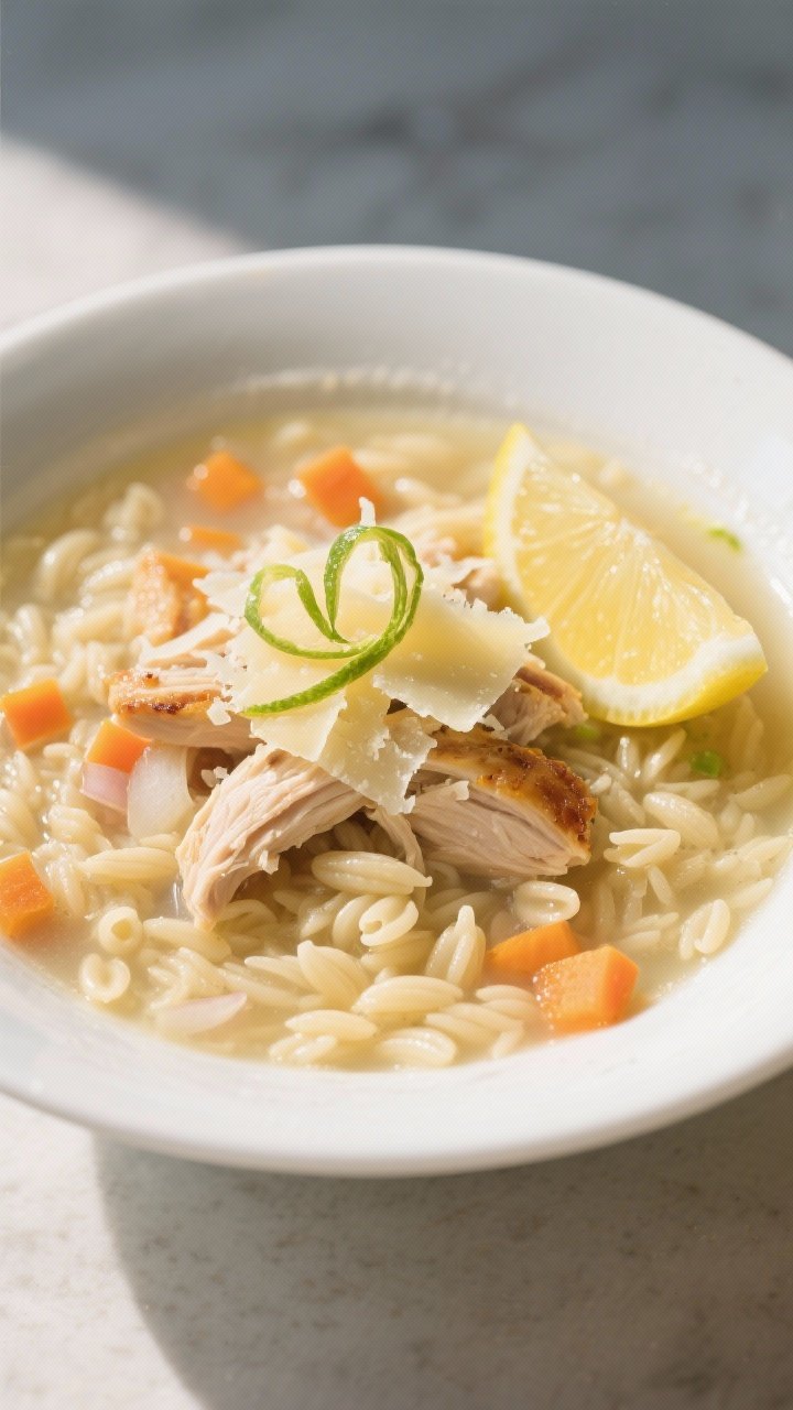 A bright, 45-degree photograph of lemon-Parmesan orzo soup with rotisserie chicken: tiny orzo pearls and shredded chicken in a clear chicken broth, speckled with diced carrots and onion; finished with lemon zest curls and a squeeze of lemon juice; fine shavings of Parmesan melting on top; served in a white bowl with a lemon wedge.