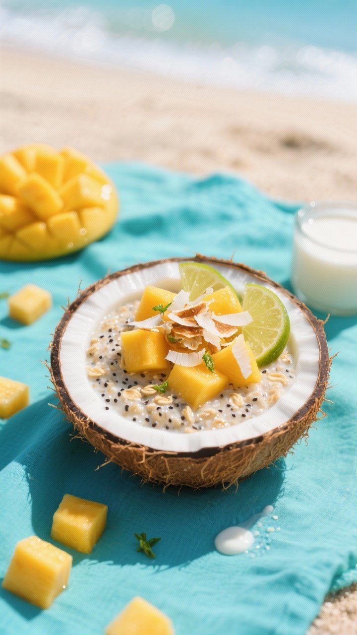 A bright, tropical plated presentation of mango coconut overnight oats in a coconut-shell bowl: oats soaked in light coconut milk with chia and coconut yogurt, topped with juicy diced ripe mango, toasted coconut flakes, and a few lime zest sprinkles; sunlit scene, aqua napkin, scattered mango cubes and a small splash of coconut milk nearby, beachy vacation mood.
