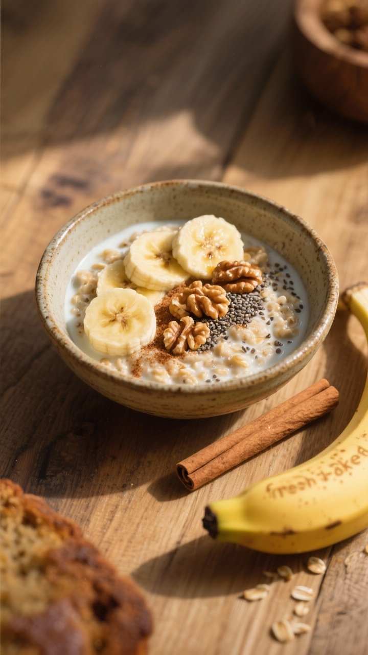 A cozy 45-degree angle shot of banana bread overnight oats in a rustic ceramic bowl: mashed ripe banana folded into oats, milk, Greek yogurt, and chia/flax, sprinkled with cinnamon, topped with banana slices, toasted walnut pieces, and a light drizzle of maple; warm wood tabletop, a cinnamon stick and a peeled half banana in frame, soft golden morning light to evoke “fresh-baked” comfort.