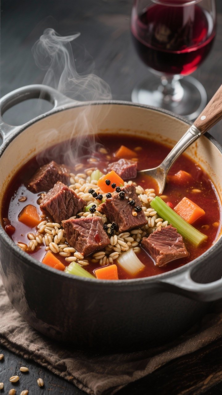 A hearty, straight-on shot of beef and barley soup with red wine in a heavy pot: seared beef chuck cubes, pearl barley, diced carrots, celery, onion, and a touch of tomato paste in a deep mahogany broth enriched with red wine; steam rising, cracked black pepper on top; rustic ladle and red wine glass in the background.