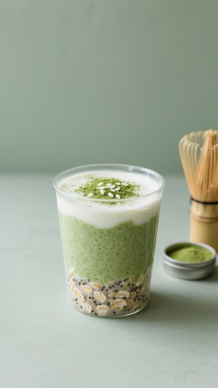 A minimalist straight-on shot of matcha latte overnight oats in a clear tumbler: pale green oats infused with culinary-grade matcha, chia seeds, and vanilla yogurt, topped with a light dusting of matcha powder and a few white sesame seeds for contrast; matte ceramic backdrop in soft sage tones, bamboo matcha whisk and small matcha tin off to the side, calm, clean energy vibe.
