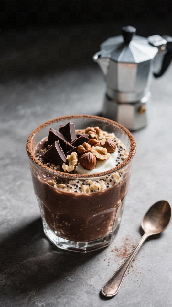 A moody 45-degree angle shot of mocha hazelnut overnight oats in a rocks glass: cocoa- and instant espresso-infused oats with chia and Greek yogurt, topped with chopped toasted hazelnuts and dark chocolate curls; a light cocoa dusting on the rim, espresso spoon and a small moka pot in background, directional side light highlighting the glossy chocolate and nutty texture.