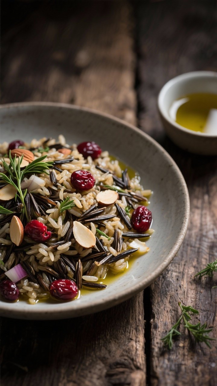 A moody 45-degree shot of herbed wild rice pilaf in a wide, shallow bowl: distinct grains of wild rice blend glistening with olive oil, studded with ruby dried cranberries and toasted almond slivers, flecked with minced onion, garlic, and fresh herbs; small bowl of broth and a drizzle of olive oil nearby, rustic wood background.