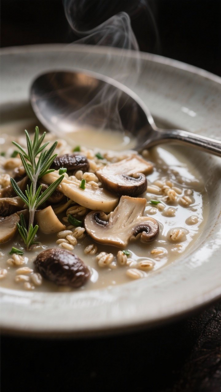 A moody close-up of creamy mushroom barley soup with thyme and sherry: mixed sliced mushrooms (cremini, shiitake, oyster) and tender pearl barley suspended in a glossy broth, flecked with fresh thyme leaves; a hint of sherry depth; served in a shallow bowl with steam and a spoon imprint, light catching mushroom caps.
