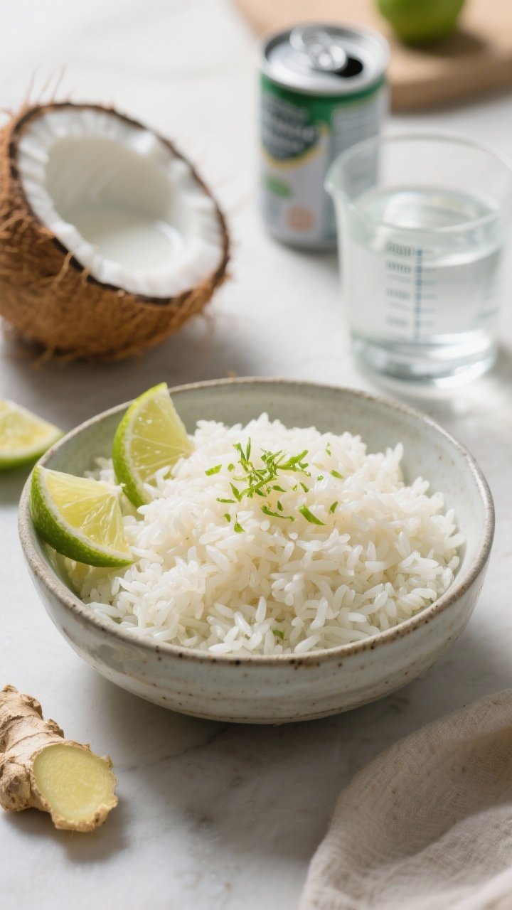 A serene 45-degree shot of coconut ginger jasmine rice: pearly grains fluffed in a ceramic bowl, subtle sheen from coconut milk, perfumed with grated fresh ginger; garnished with lime zest and lime wedges; can of coconut milk and measured water in the background; bright, airy lighting to imply fragrance.