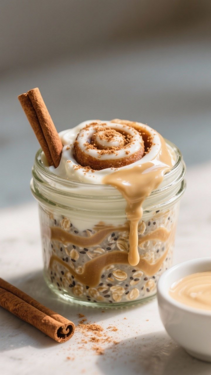 A straight-on, bakery-inspired composition of cinnamon roll overnight oats in a glass jar: cinnamon-swirled oats with chia and a hint of almond butter, crowned with a thick vanilla “icing” drizzle from vanilla Greek yogurt; extra cinnamon sprinkled on top, a cinnamon stick and small bowl of icing to the side, soft backlight to make the drizzle glisten.