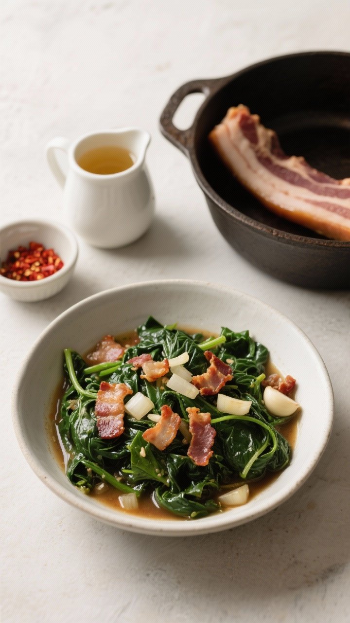 A straight-on bowl shot of Southern-style collard greens braised with smoky bacon: deep emerald ribbons of greens in a savory broth, visible bacon pieces, translucent diced onion, and tender garlic; a small pitcher of chicken broth and apple cider vinegar, plus red pepper flakes in a pinch dish; rustic cast-iron pot beside.
