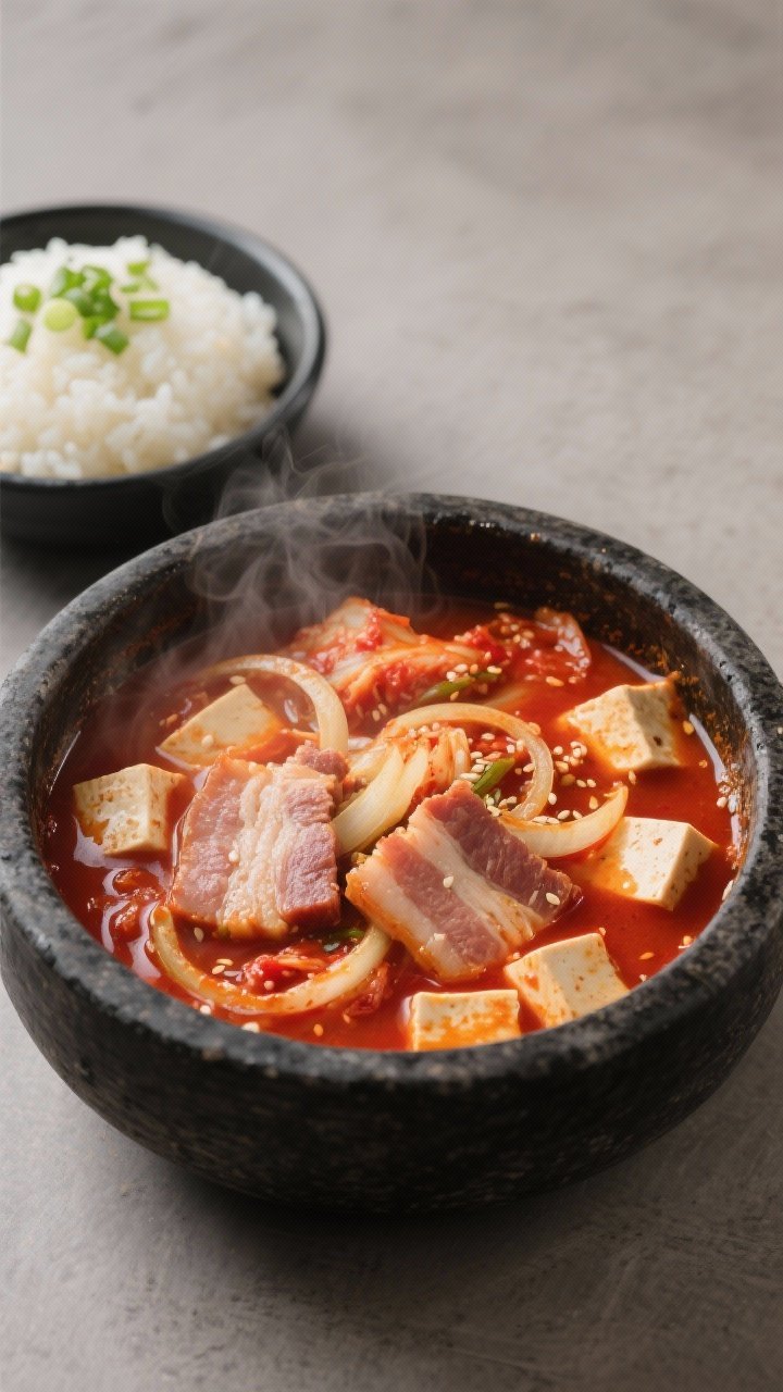 A straight-on, bubbling pot shot of kimchi jjigae with pork belly and tofu: vivid red broth from gochugaru and kimchi juice, slices of pork belly, cubes of tofu, and onion strands; sesame oil gloss; steam and a few kimchi pieces floating; served in a black stone bowl with a side dish of rice and chopped scallions ready to sprinkle.