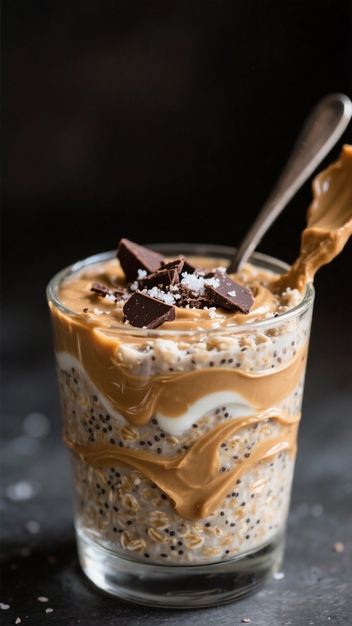 A tight close-up of peanut butter cup protein overnight oats in a short glass: thick oats with chia and Greek yogurt, rich swirl of natural peanut butter ribboning through, a few mini dark chocolate shavings on top, and a pinch of flaky salt; moody backdrop, side lighting to catch the glossy peanut butter and creamy texture, spoon resting with a smear of PB for emphasis.