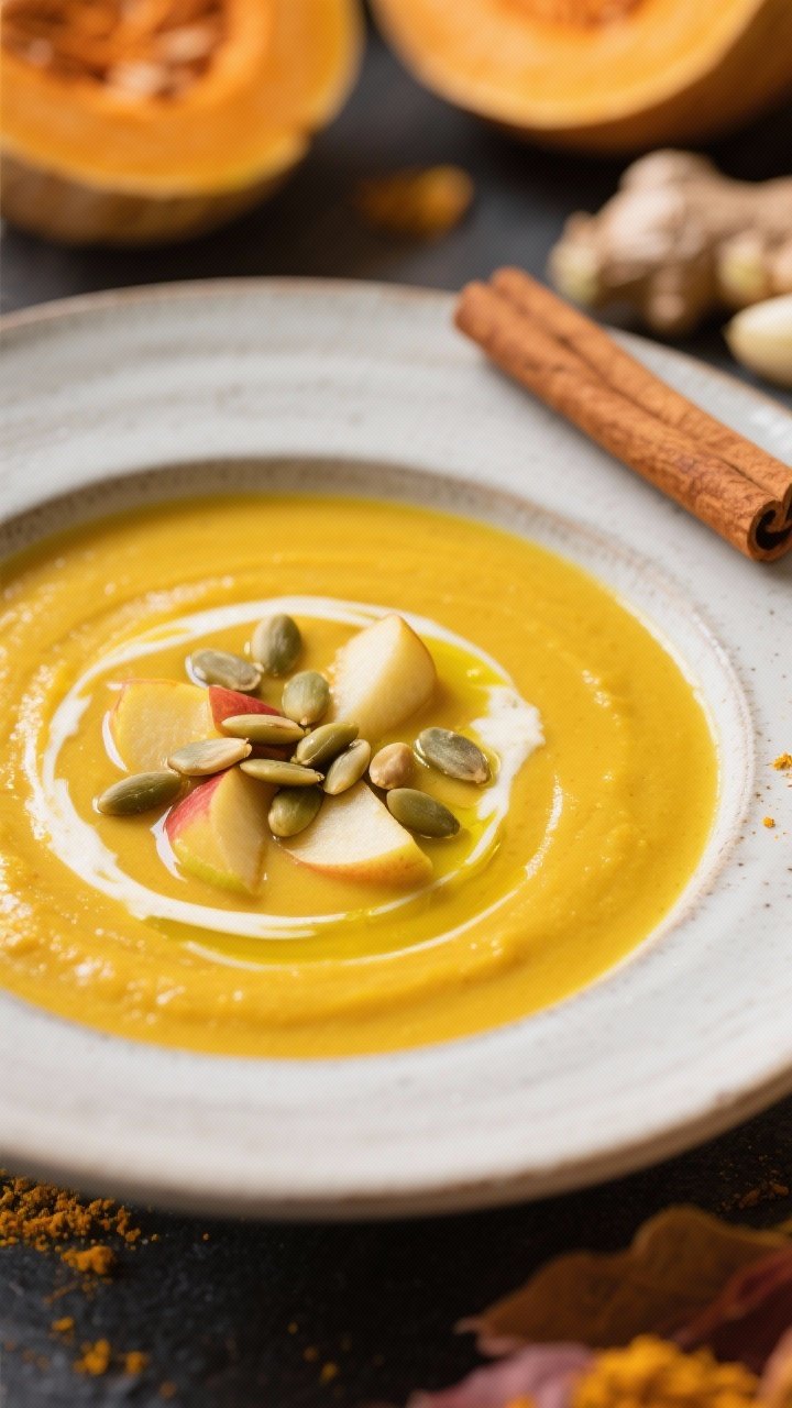 A vibrant close-up of golden curried butternut and apple soup in a shallow bowl: ultra-smooth, sun-gold puree scented with yellow curry powder, turmeric, ginger, and garlic; subtle sweetness from butternut squash and apples; topped with toasted pepitas and a swirl of olive oil; warm, autumnal props and a cinnamon stick nearby.