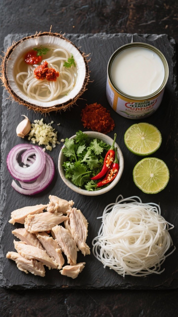 An ingredients-and-prep flat lay for Thai-inspired coconut chicken noodle soup: thinly sliced onion, minced garlic, grated ginger, red curry paste dollops, a can of full-fat coconut milk, chicken broth, cooked chicken pieces, lime wedges, and rice noodles arranged on a dark slate; a small bowl of chopped cilantro and sliced chiles to imply garnish.