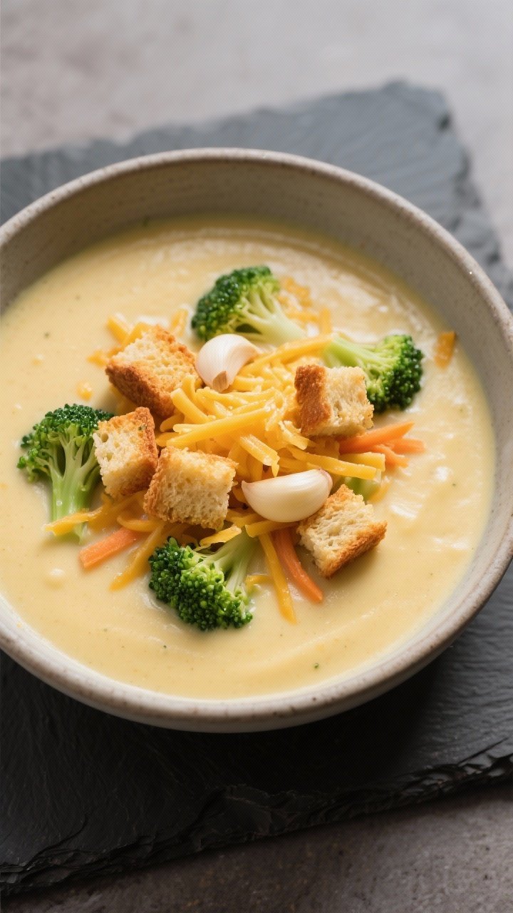 An overhead bowl shot of creamy broccoli cheddar soup with garlic crouton crunch: velvety cheddar-laced soup with small broccoli florets and shredded carrots visible, thickened with flour and broth; topped generously with golden garlic croutons and extra shredded cheddar; served in a matte ceramic bowl on a slate board.