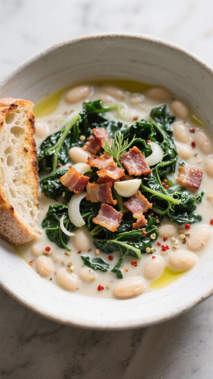 An overhead bowl shot of creamy white bean and Tuscan kale soup with pancetta: crisped pancetta bits scattered over a creamy broth with cannellini beans, ribbons of dark green Tuscan kale, onion, garlic, lightly crushed fennel seeds, and a pinch of red pepper flakes; drizzle of olive oil finishing; served with grilled bread.